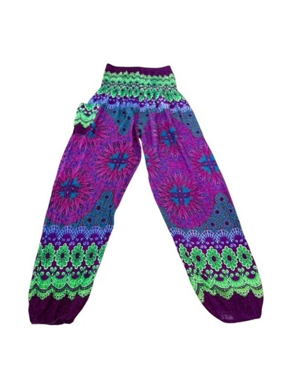 Harem Pants Purple Green Blue White Geometric Rayon Elastic Waist OS Pocket